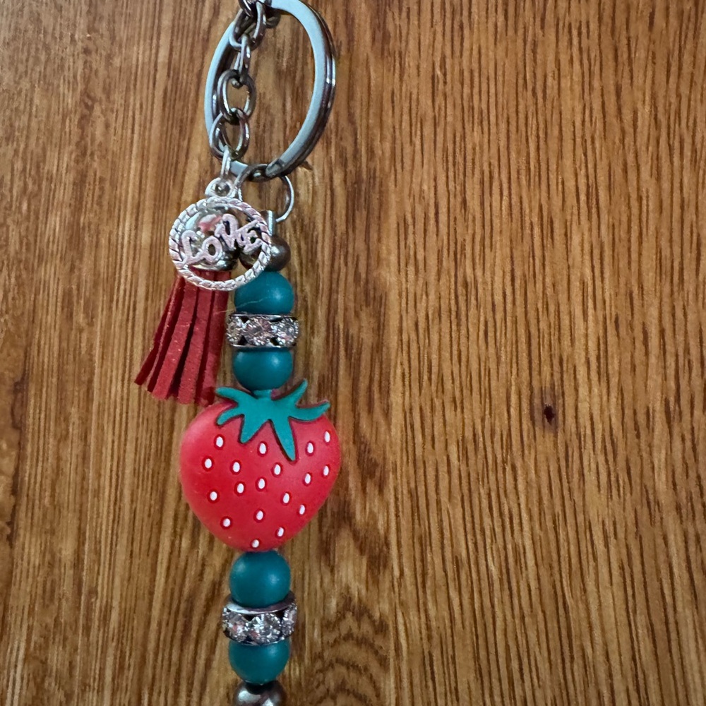 Teal and Red Strawberry Keychain with Love Charm